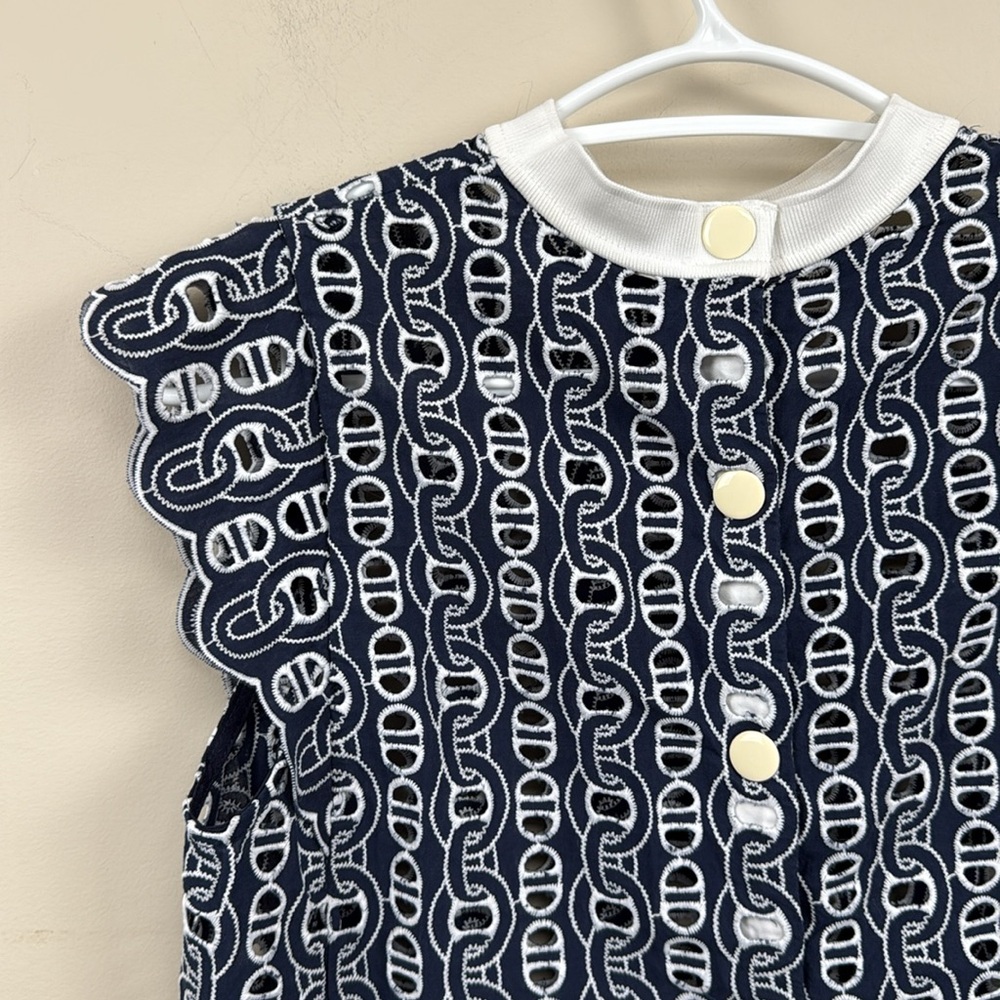 Sandro Navy and White Lace-Pattern Sleeveless Top - Picture 4 of 12